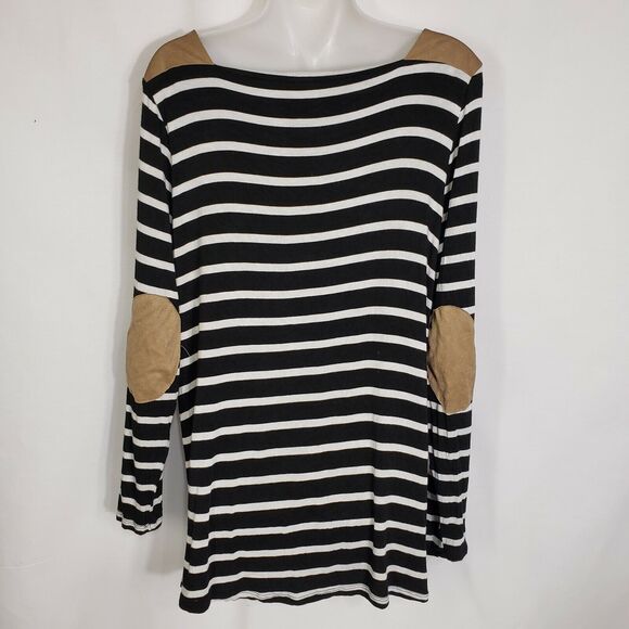 First Look Womens Tunic Top Large Black White Striped Knit Elbow Patches Pocket - Picture 2 of 9